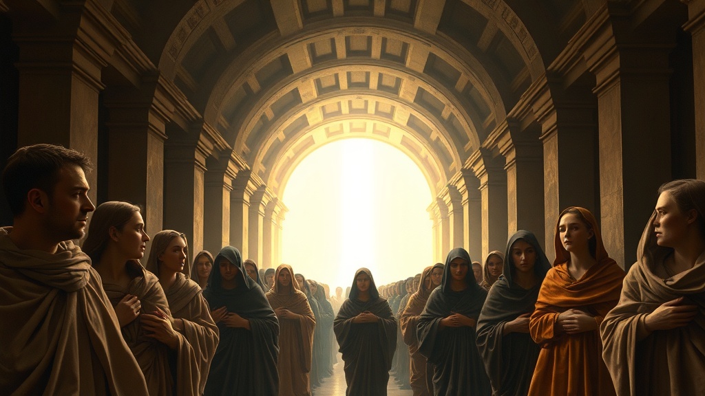 An allegorical tunnel scene showing pilgrims moving toward distant light