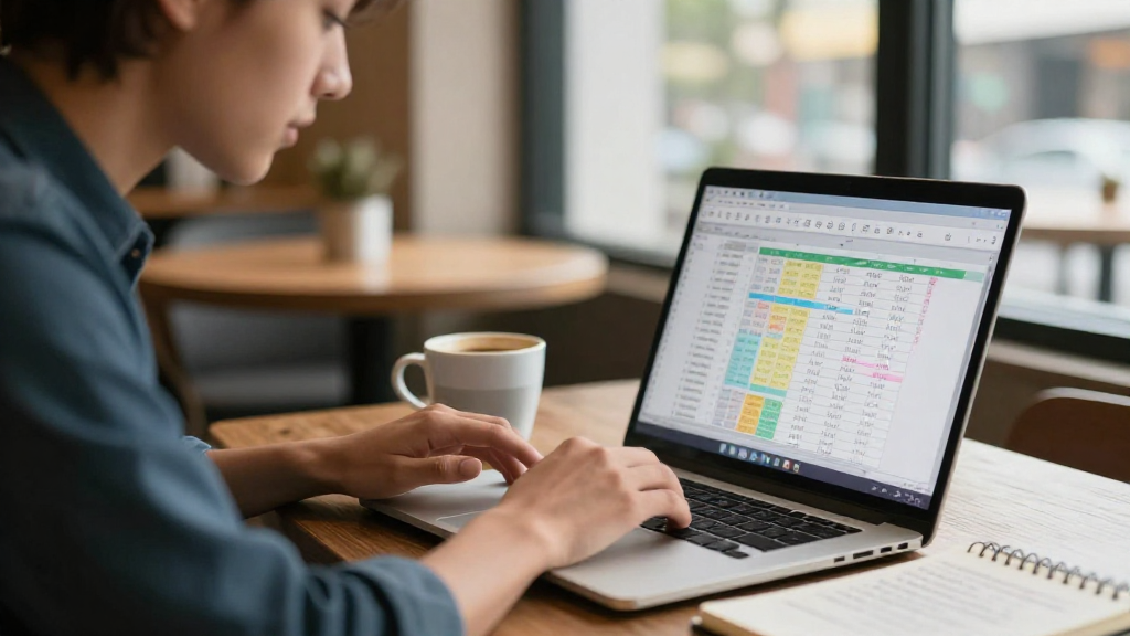 Event planner working on a spreadsheet in a café
