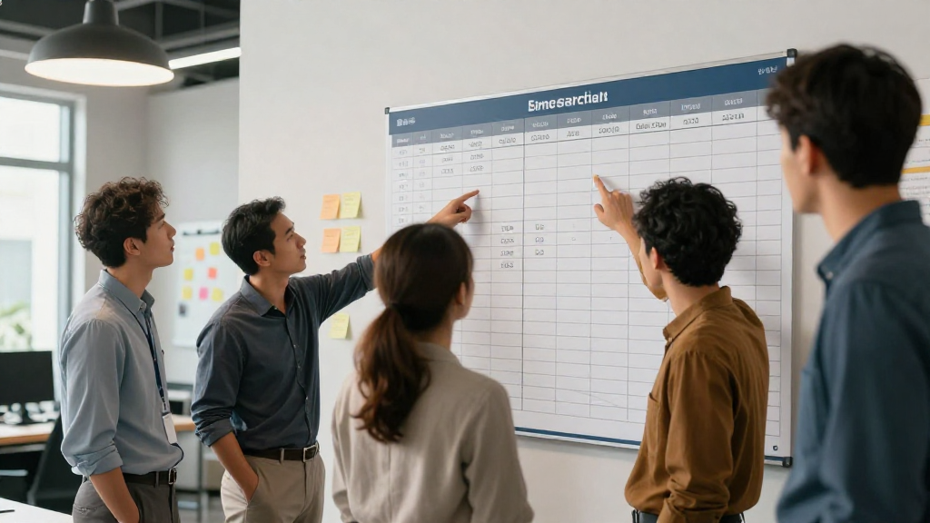 Team reviewing a wall‑mounted spreadsheet