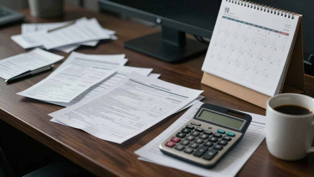 Cluttered desk with receipts and calculator