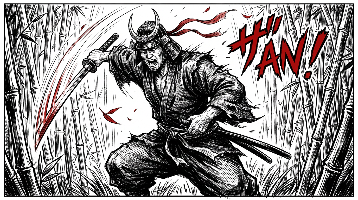 Manga-style comic art of a fierce samurai warrior drawing a katana in a bamboo forest, speed lines radiating outward, dramatic black and white ink work