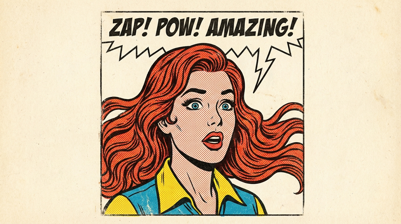 Retro pop-art comic illustration of a woman with flowing hair, Ben-Day dots pattern, bold primary colors, thick black outlines, classic 1960s aesthetic