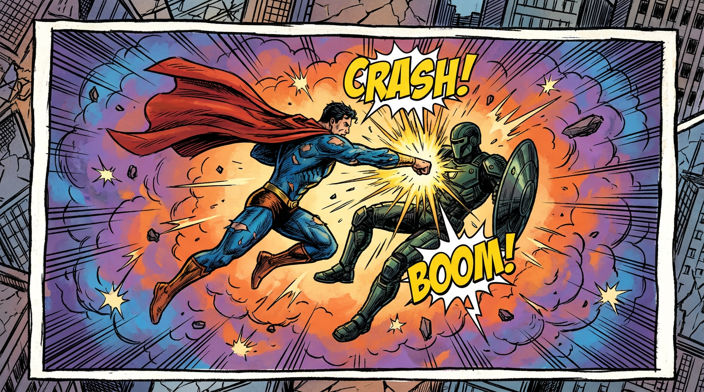 Comic book action scene with two characters in an epic battle, dynamic motion lines, explosive impact effects, bold inking with cross-hatching shadows