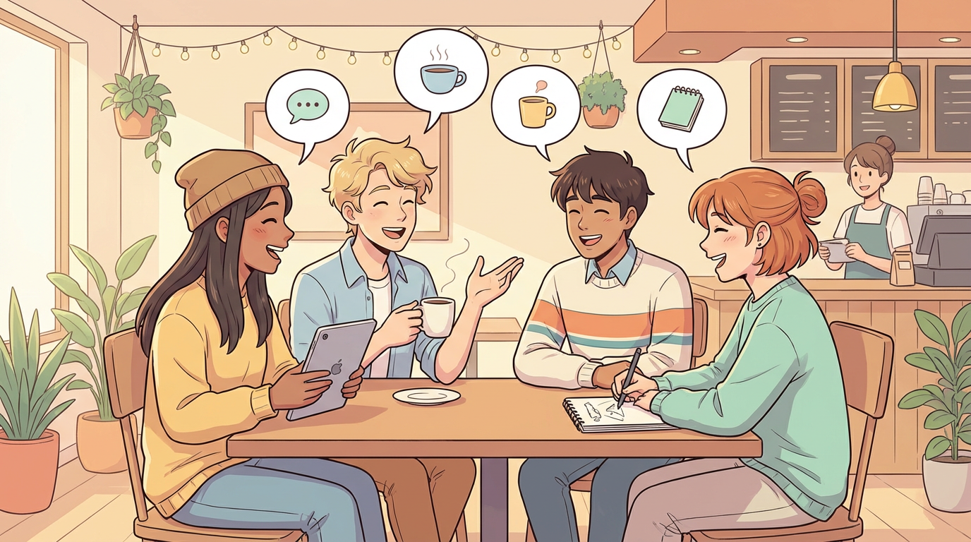 Colorful webtoon-style illustration of a group of friends in a cafe, soft cel shading, clean line art, warm pastel color palette, modern digital comic style