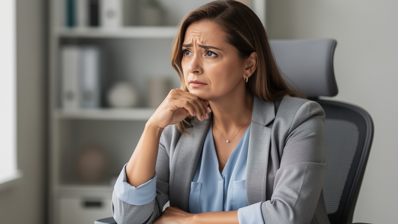 Thoughtful therapist in moment of clinical reflection