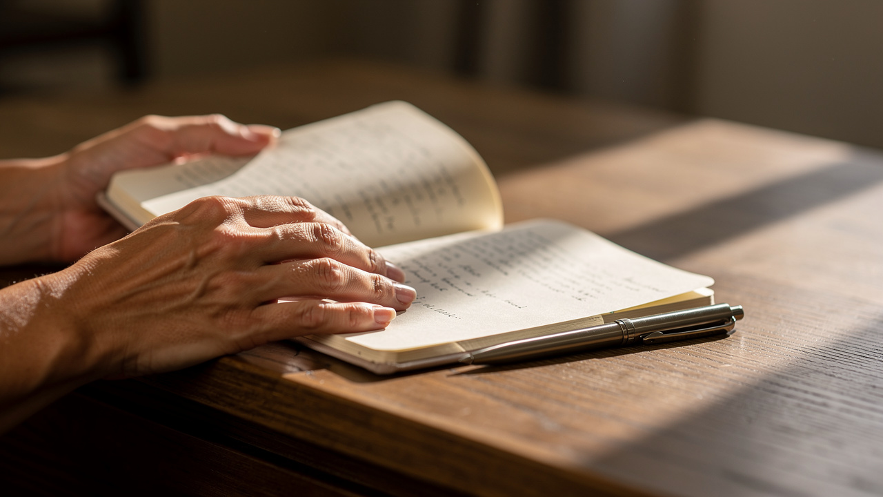 Therapist's hands with open journal showing patient guidance