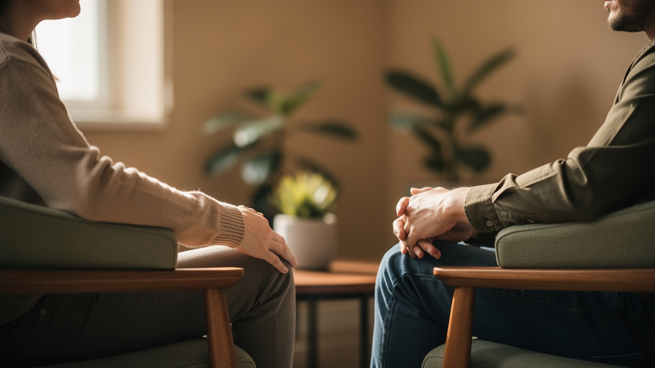 Two people in engaged therapeutic conversation showing alliance