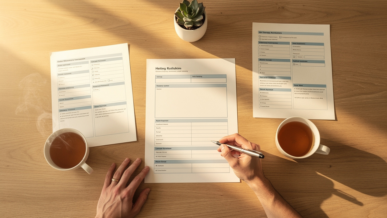 Overhead view of therapy materials and collaborative planning