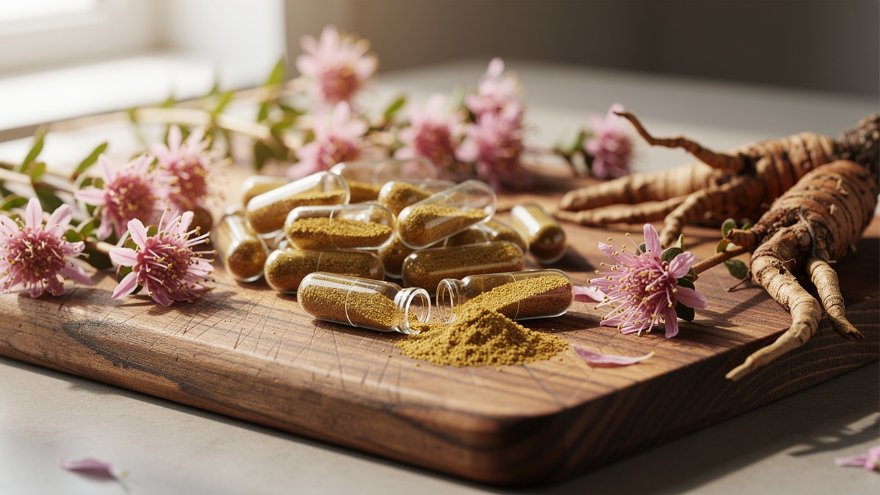 High-quality rhodiola rosea supplement capsules with fresh flowers