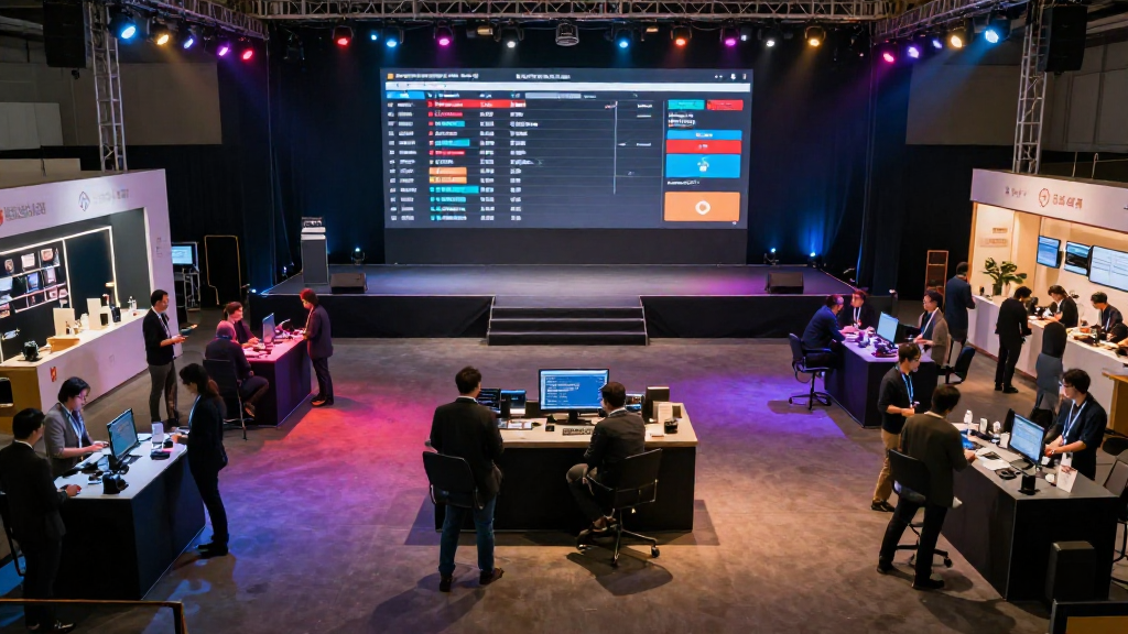 A bustling event production floor with multiple vendors coordinating on a stage, vibrant lighting, and a central command center displaying a live schedule on a large screen, all captured from a high‑angle shot to showcase the organized chaos