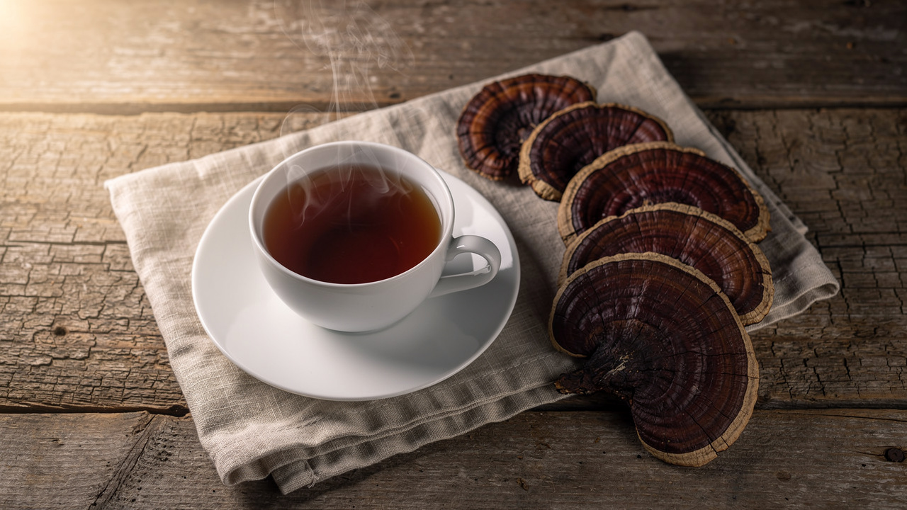 Reishi mushroom tea with dried slices