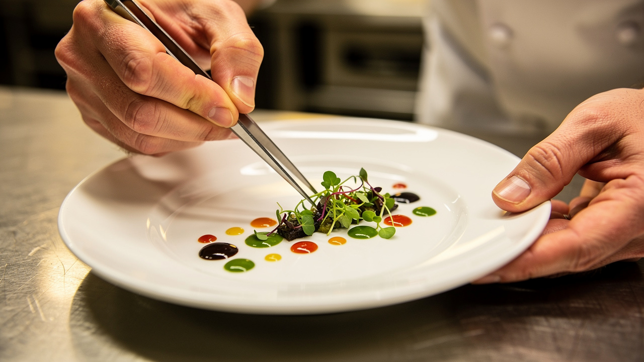Chef carefully plating gourmet dish in professional kitchen