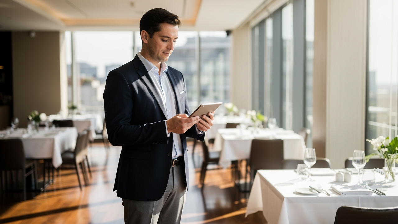 Restaurant manager overseeing operations with digital tablet