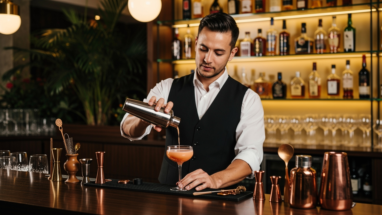 Professional bartender preparing craft cocktail at modern bar