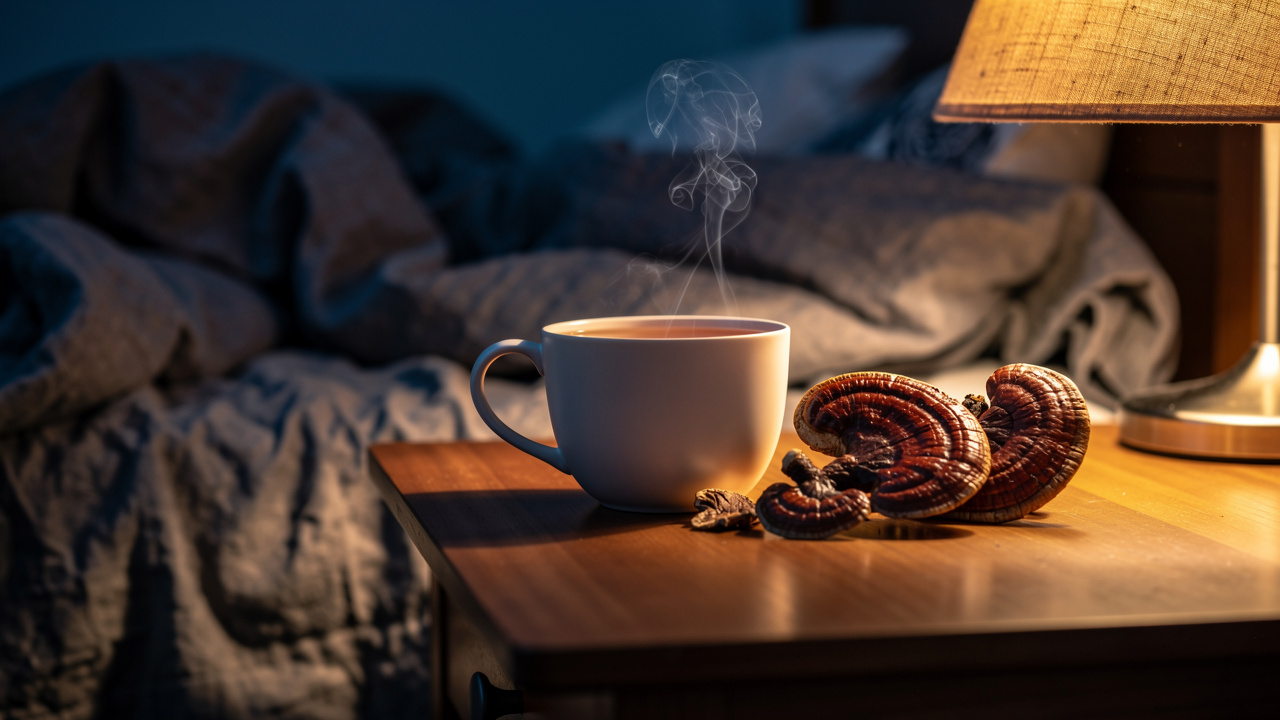 Reishi mushroom tea on nightstand for better sleep