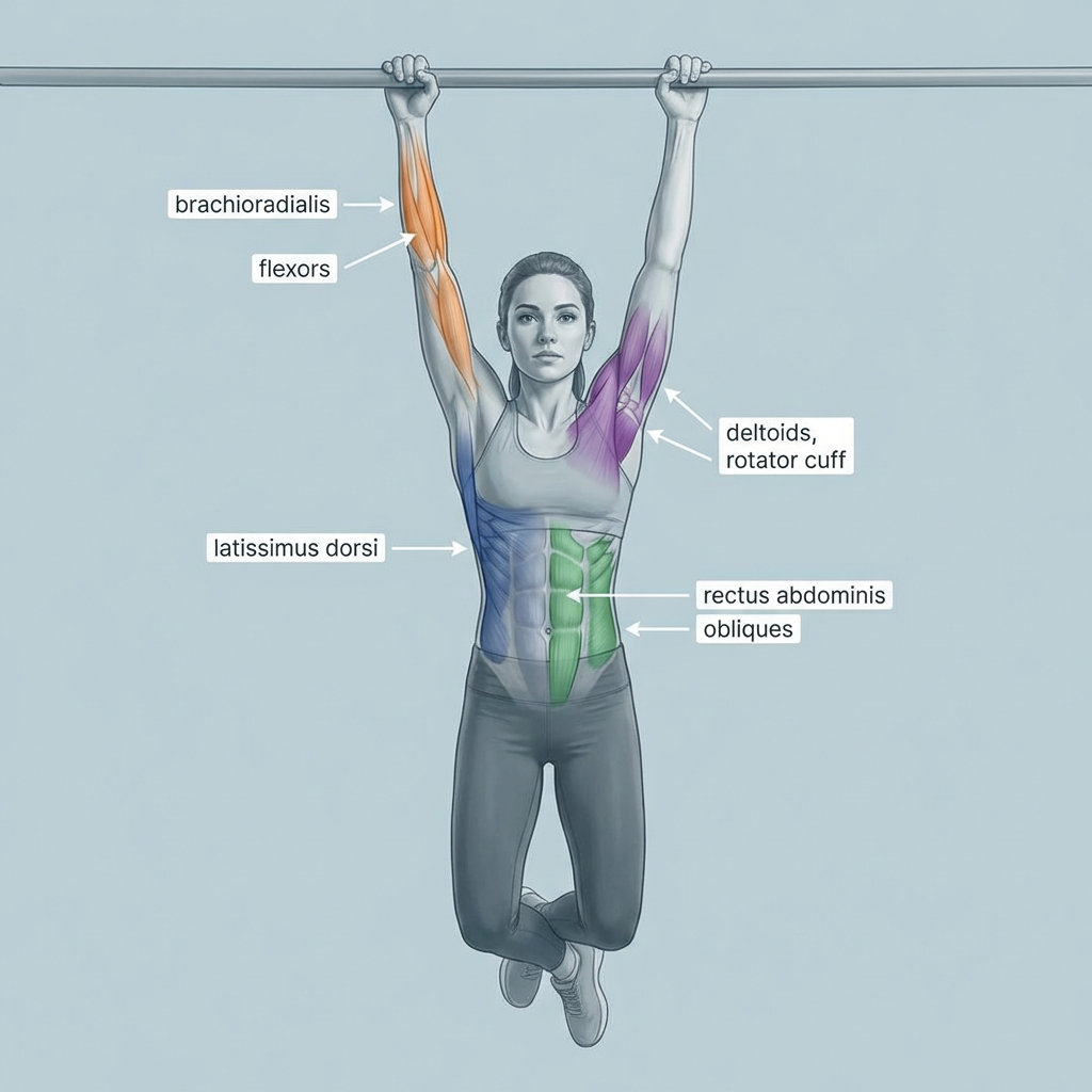 Anatomical illustration showing the muscles engaged during a dead hang, highlighting forearms, lats, shoulders, and core stabilizers with labels