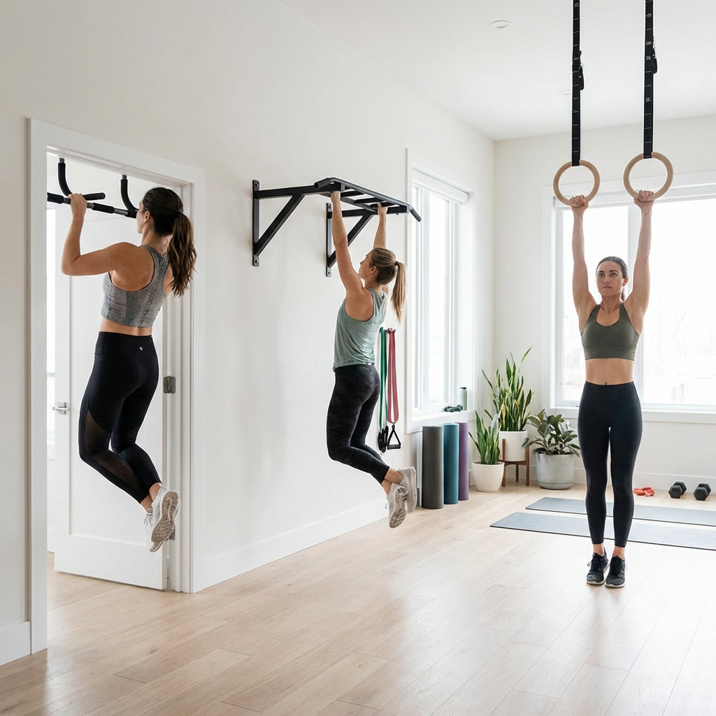 Home gym setup showing various pull-up bar options including doorway bar, wall-mounted bar, and gymnastic rings for dead hang variations