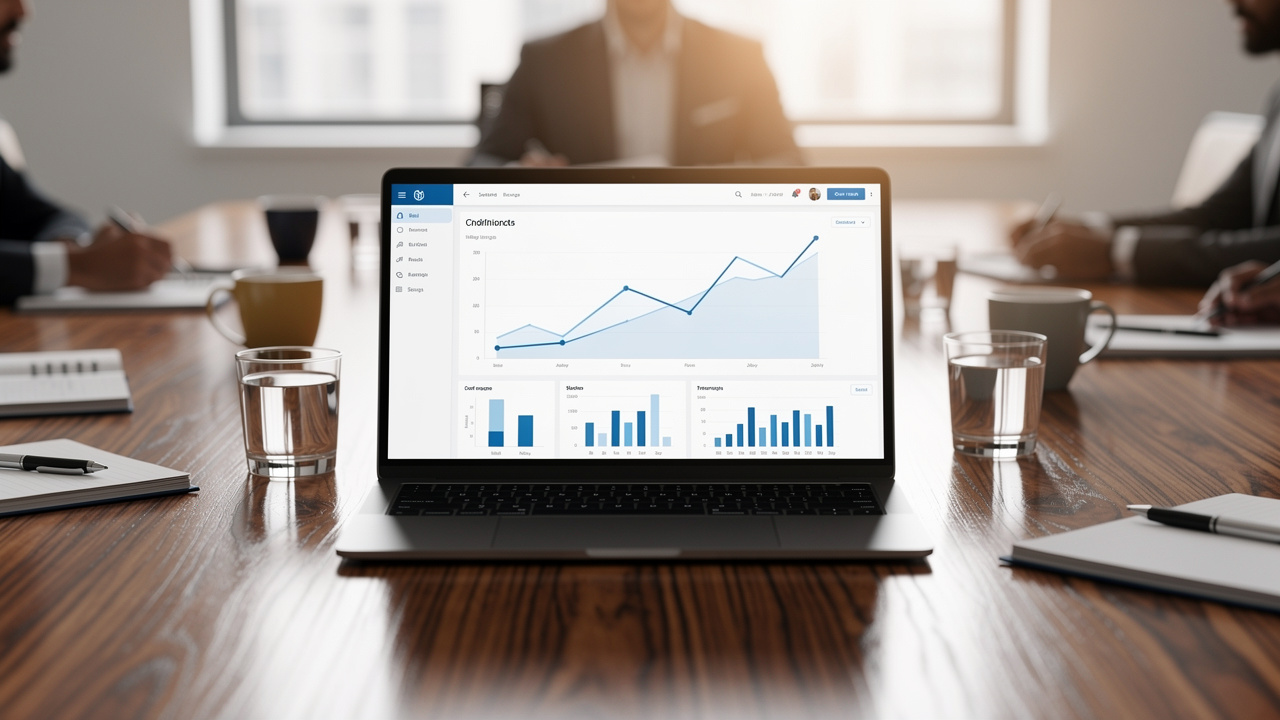 Business meeting reviewing positive SEO performance results