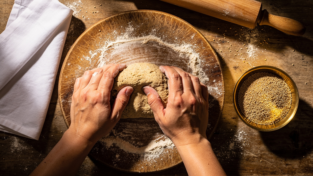 Hands kneading pearl millet dough on wooden board