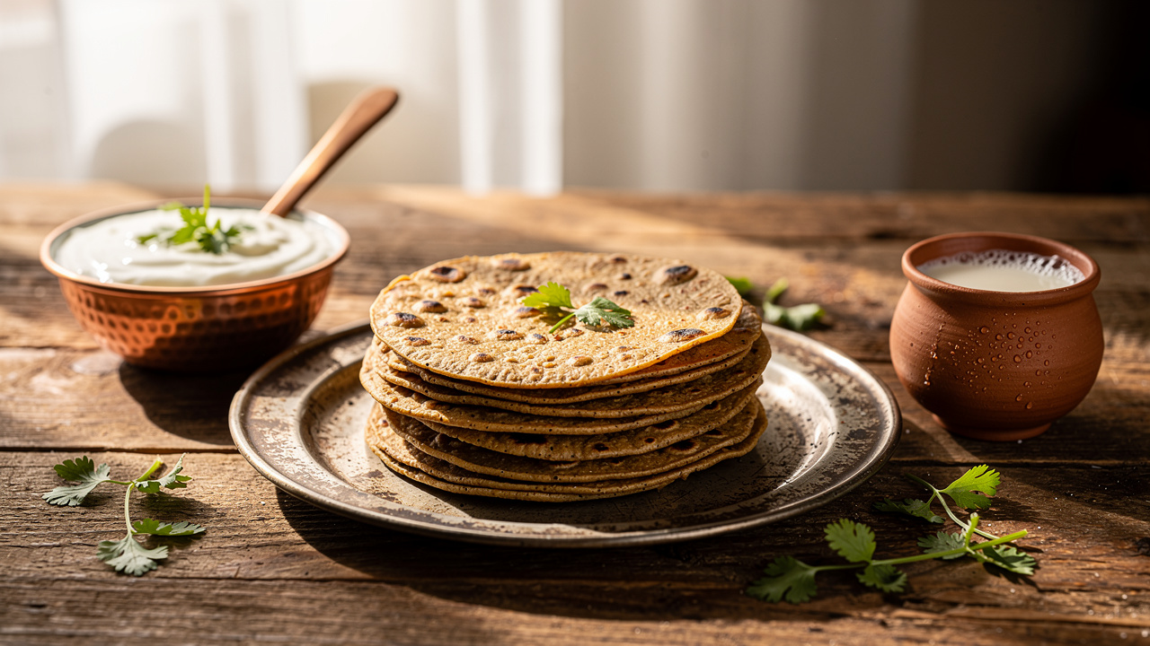 Traditional bajra rotis served with yogurt for healthy breakfast