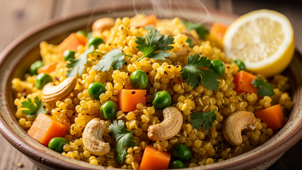 Colorful pearl millet pulao with vegetables and nuts