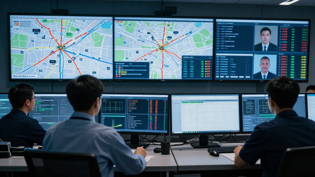 Dynamic control room with real‑time traffic maps, fuel consumption charts, and driver status feeds