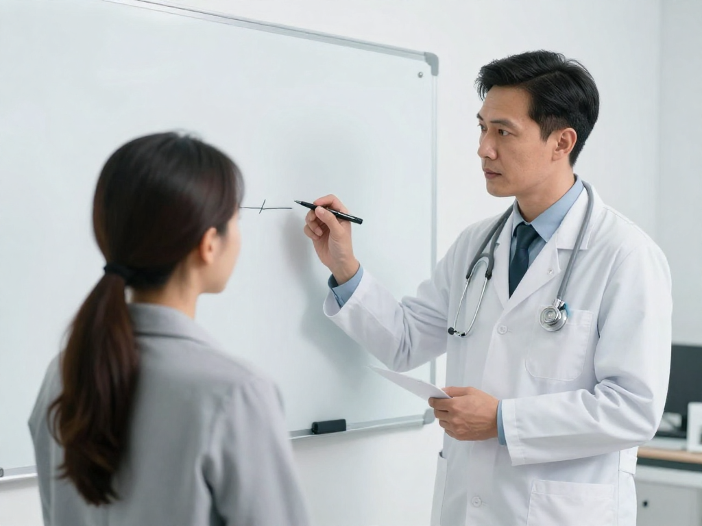 A professional Caucasian male doctor and a Caucasian female patient in a clean, modern medical office. The doctor is explaining a concept using a whiteboard or diagram, with a focus on lifestyle coaching. The patient is engaged and listening intently. No text or logos.