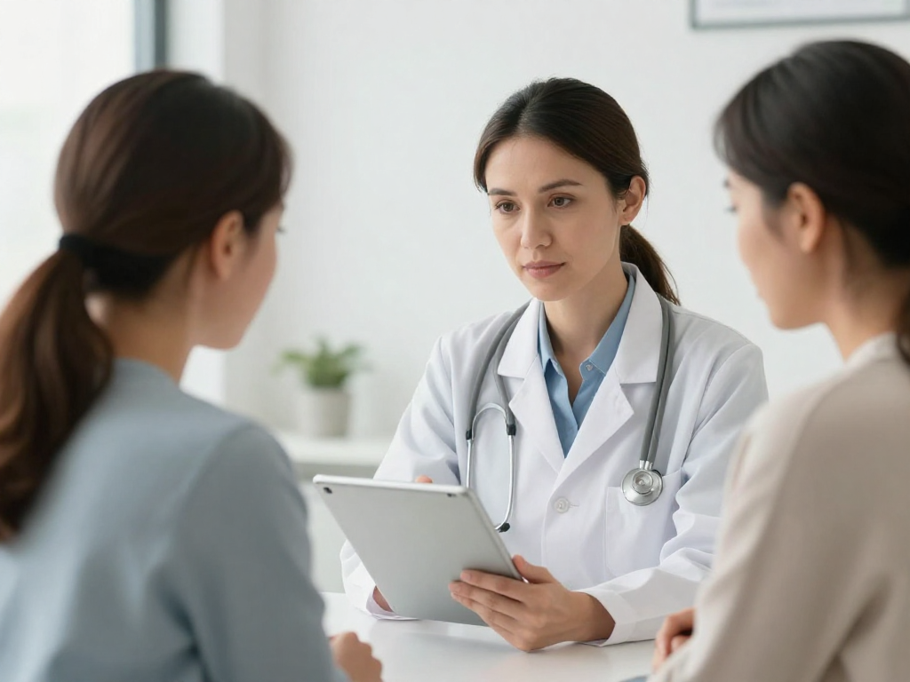 A professional Caucasian female doctor in a bright, modern clinical setting, compassionately discussing a care plan with a Caucasian female patient. Both are looking at a tablet or paper, with a warm, empathetic interaction. No text or logos.