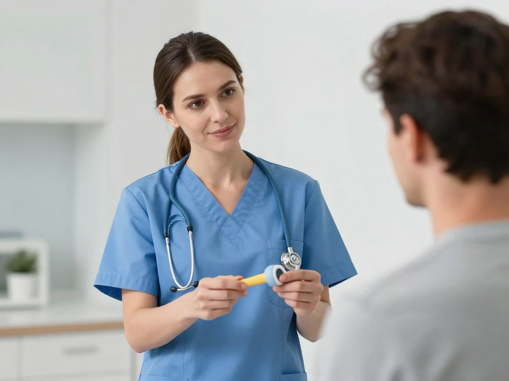A professional Caucasian female nurse or medical assistant in a modern clinical setting, demonstrating a wellness tool or technique to a Caucasian male patient. The interaction is supportive and educational. No text or logos.