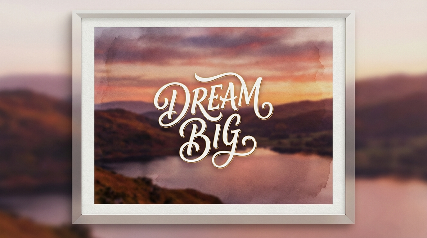 Beautiful typography poster with elegant text Dream Big overlaid on a dreamy sunset landscape, AI-generated with perfect text rendering