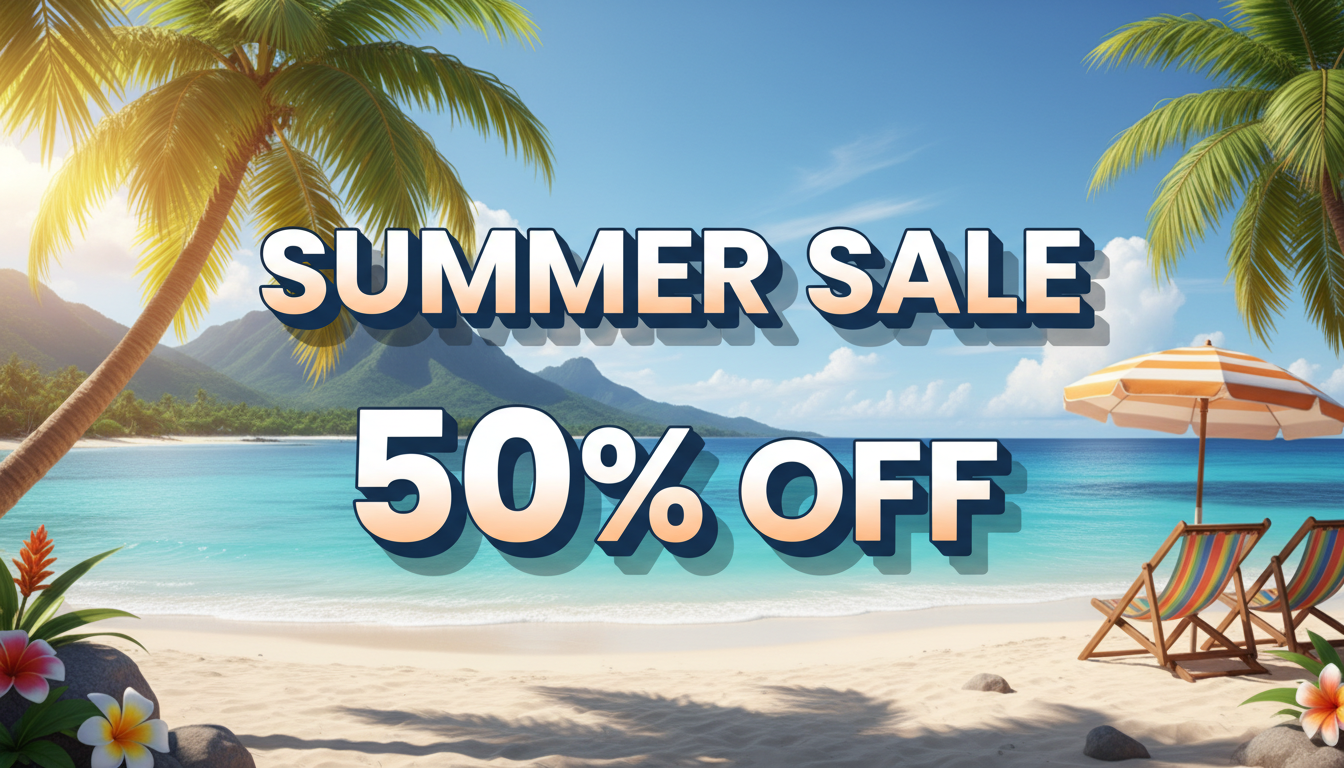 AI-generated marketing banner with bold text SUMMER SALE 50% OFF perfectly rendered on a vibrant tropical beach background