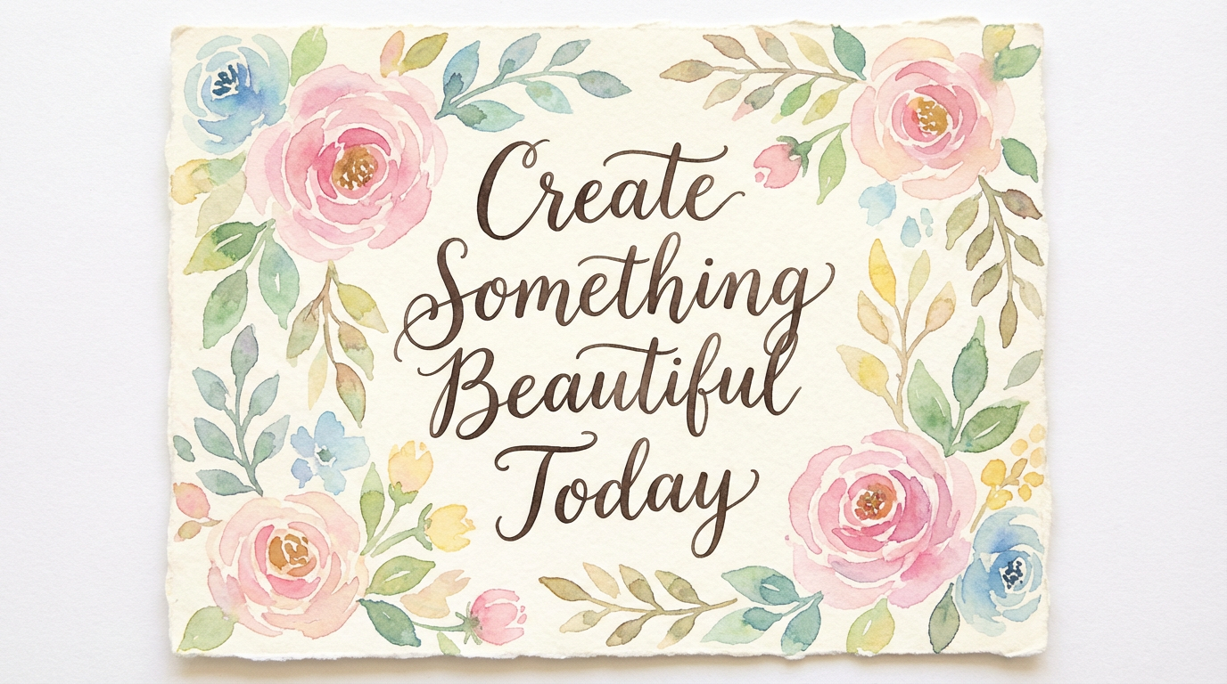 Inspirational quote image with hand-lettering style text on a watercolor floral background, AI art with flawless text integration