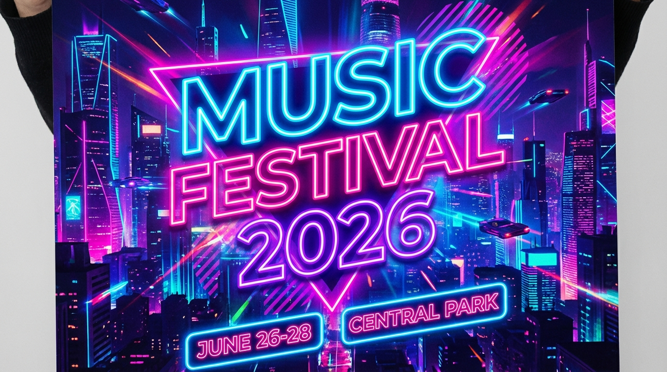 AI-generated event poster with text Music Festival 2026 in neon glow style against a dark cityscape
