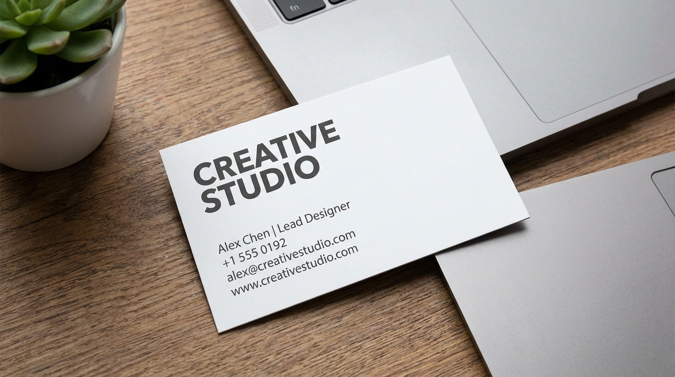 Professional business card design with text Creative Studio and contact details perfectly rendered by AI