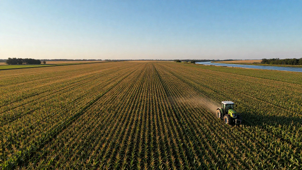 Aerial view of a sprawling cornfield under a clear blue sky, with a tractor in the foreground and a distant river winding through the landscape.