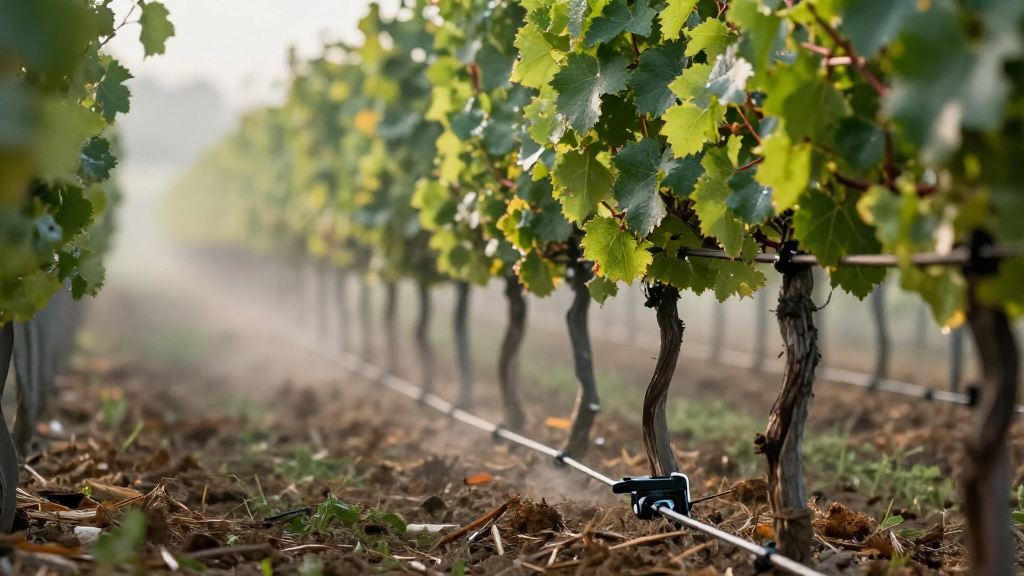 Close‑up of a vineyard row with drip lines visible beneath the soil, a subtle mist rising from the mulch, soft morning light filtering through grape leaves.