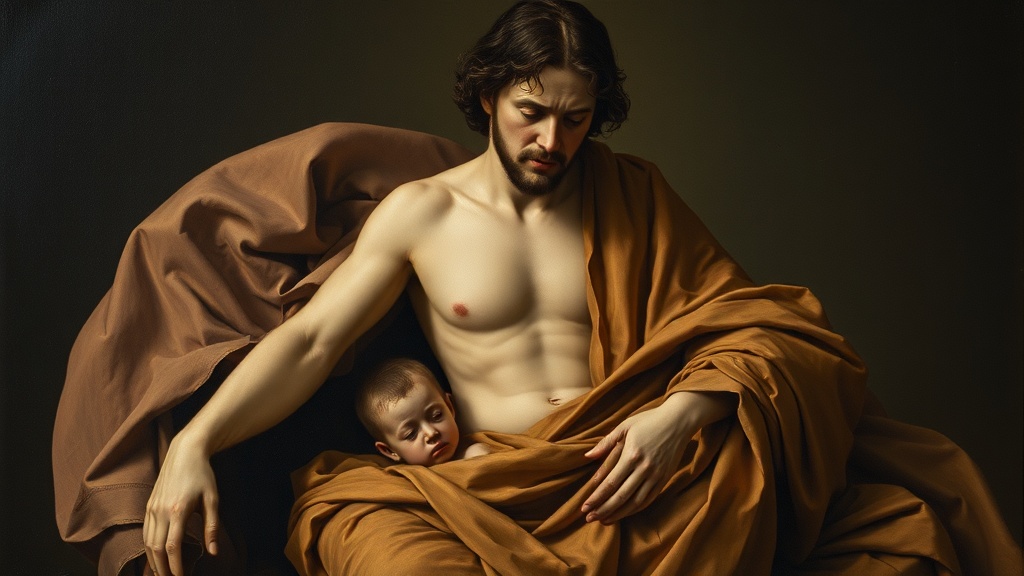 Allegorical painting of a figure and a child moving toward light