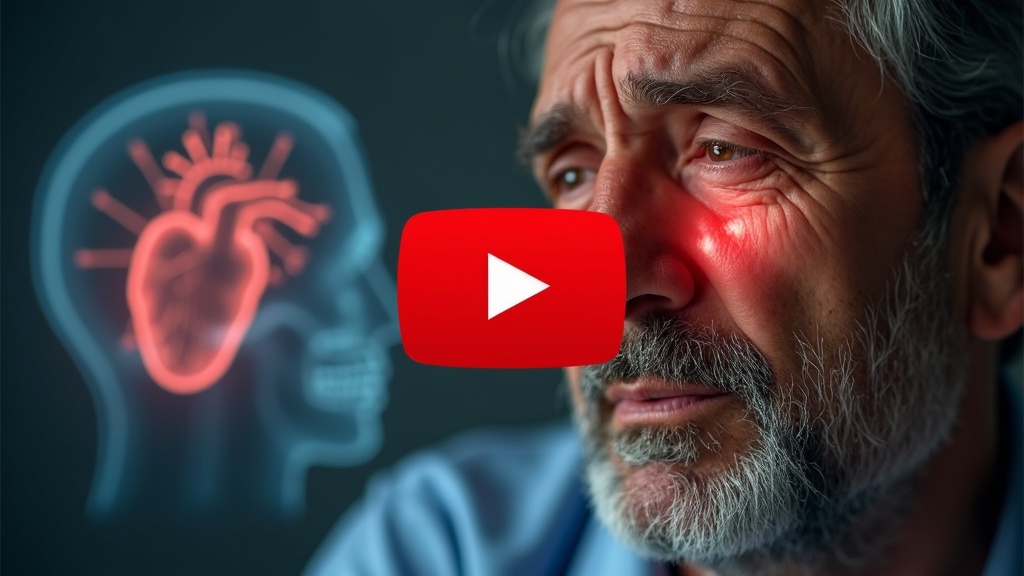 A detailed realistic image showing the pain of chronic bad breath and gum disease on a mature adult man, reflected by a worried expression, inflamed red gums subtly highlighted, and a faint image of mutated bacteria representing P gingivalis invading gums, in the background a subtle silhouette of heart and brain to indicate systemic health risks. The image has a clean, clinical style with natural colors. A red YouTube style play button with white play triangle is placed centrally, medium size but not obscuring the face. A small circled inset highlights the mutated bacteria, glowing subtly to draw curiosity. No logos or text on image.