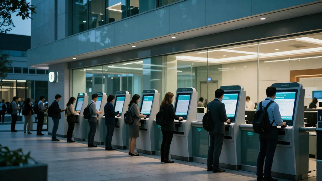 Bank lobby with digital kiosks