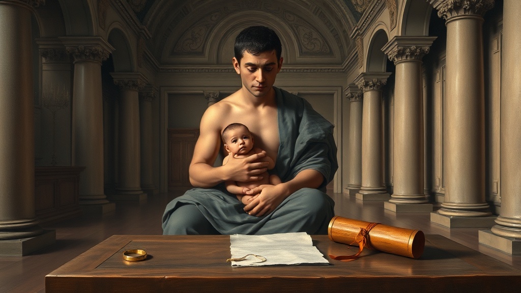 Allegorical scene of broken bond and tender care