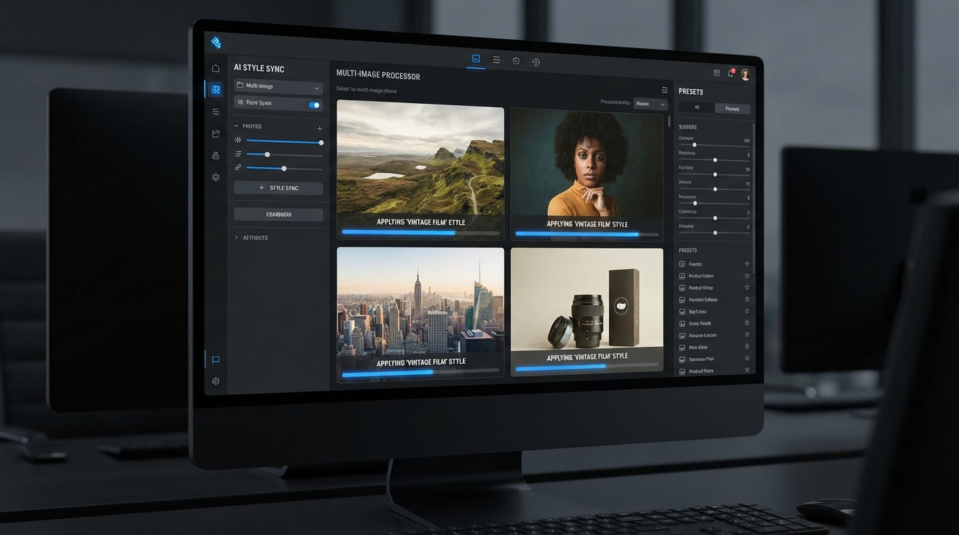 AI multi-image editing interface showing four different photos being edited simultaneously with consistent style applied