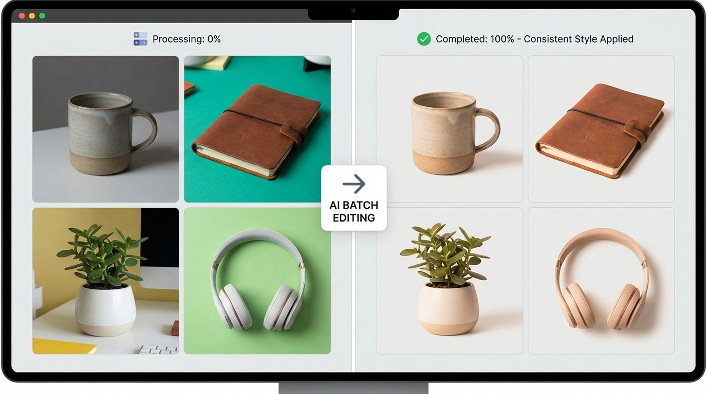 Before and after comparison of multiple product photos being batch-edited by AI with consistent color grading and background