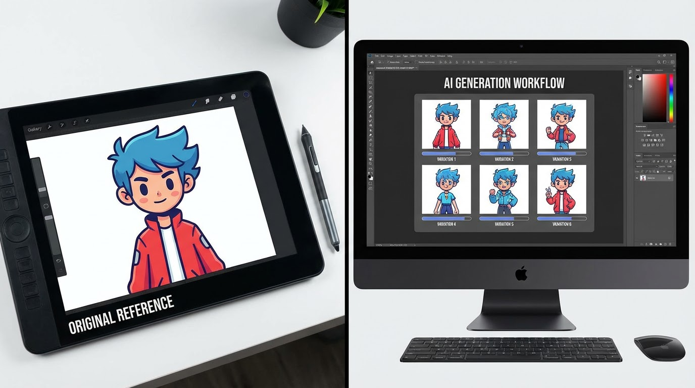 Split screen showing original reference image and AI generating multiple variations with same character and style