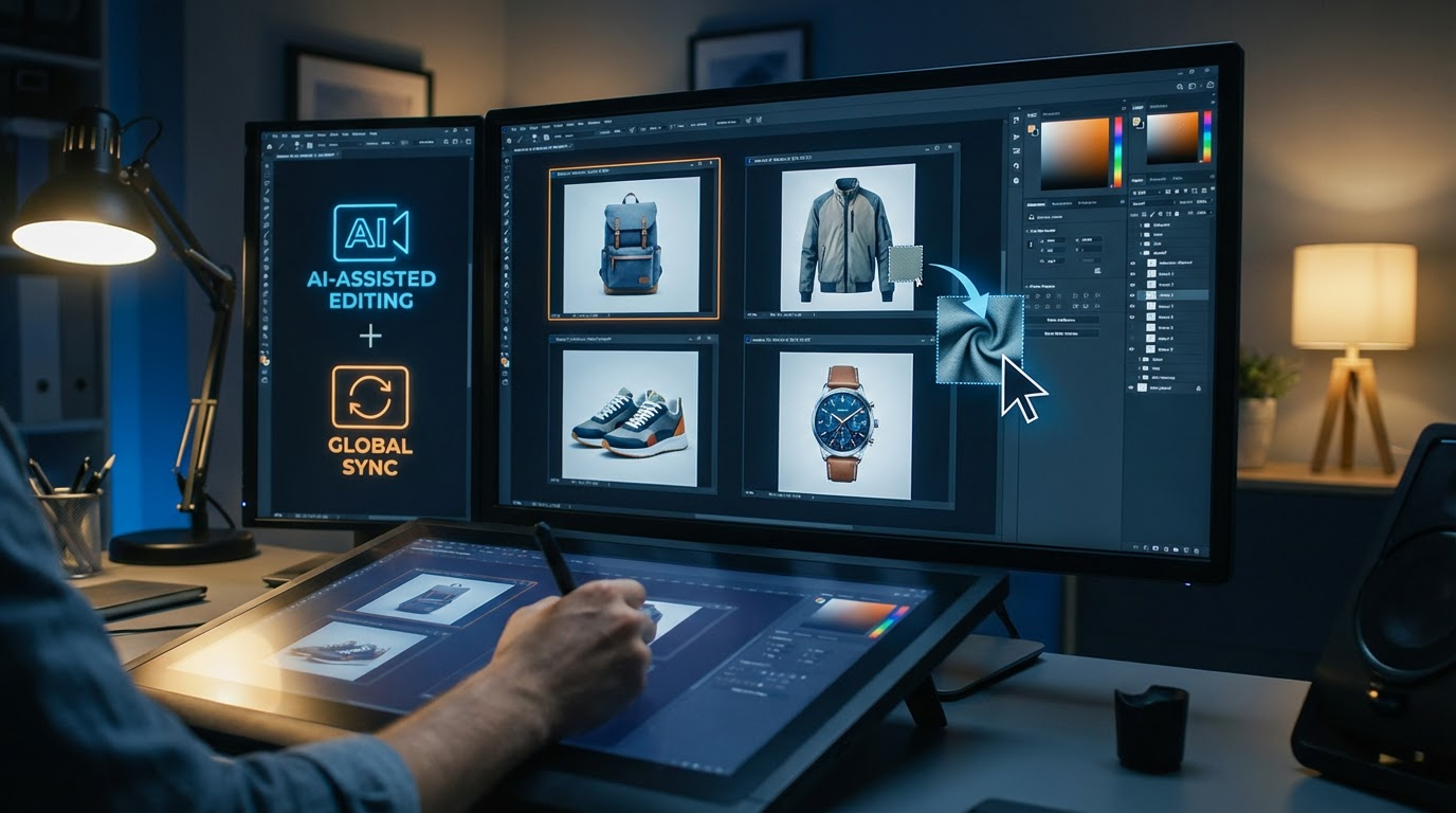 AI-powered multi-image workspace with drag-and-drop editing and coordinated edits across a product line