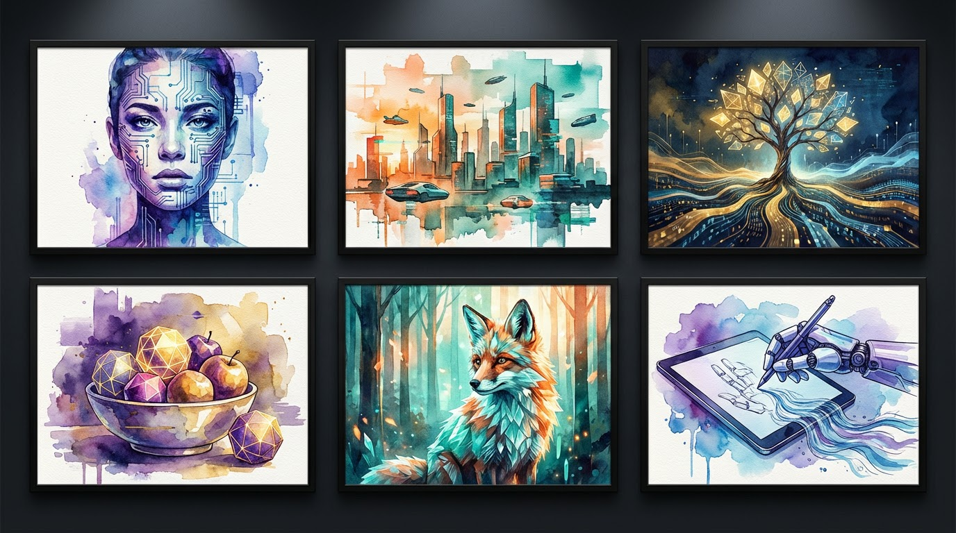 Collage of six AI-edited images sharing the same cohesive visual style and color palette demonstrating multi-image consistency