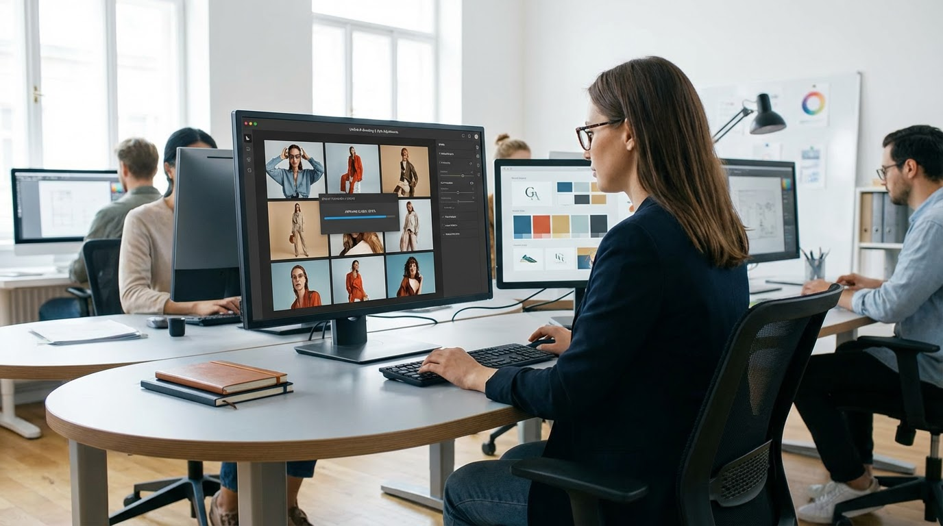 Designer using AI to edit an entire photo series at once applying unified branding and style adjustments simultaneously
