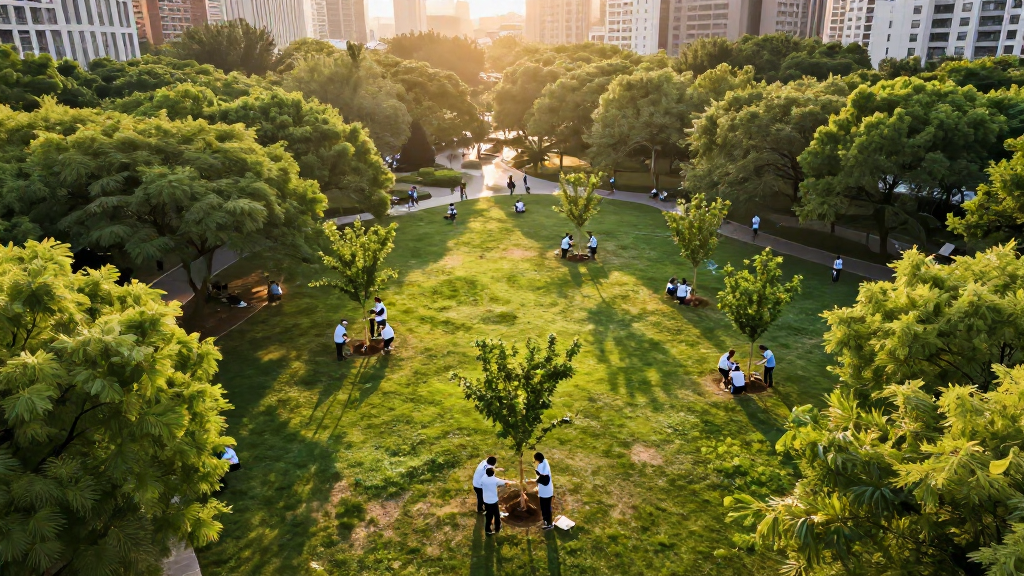 Volunteers planting trees in a city park at golden hour