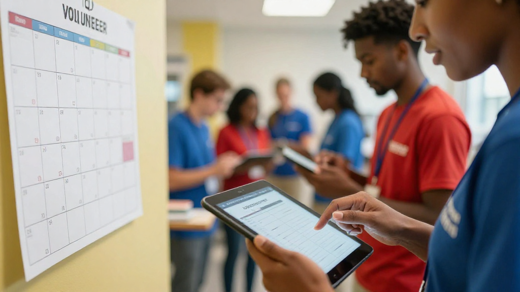 Volunteers using tablets to log hours in a community center