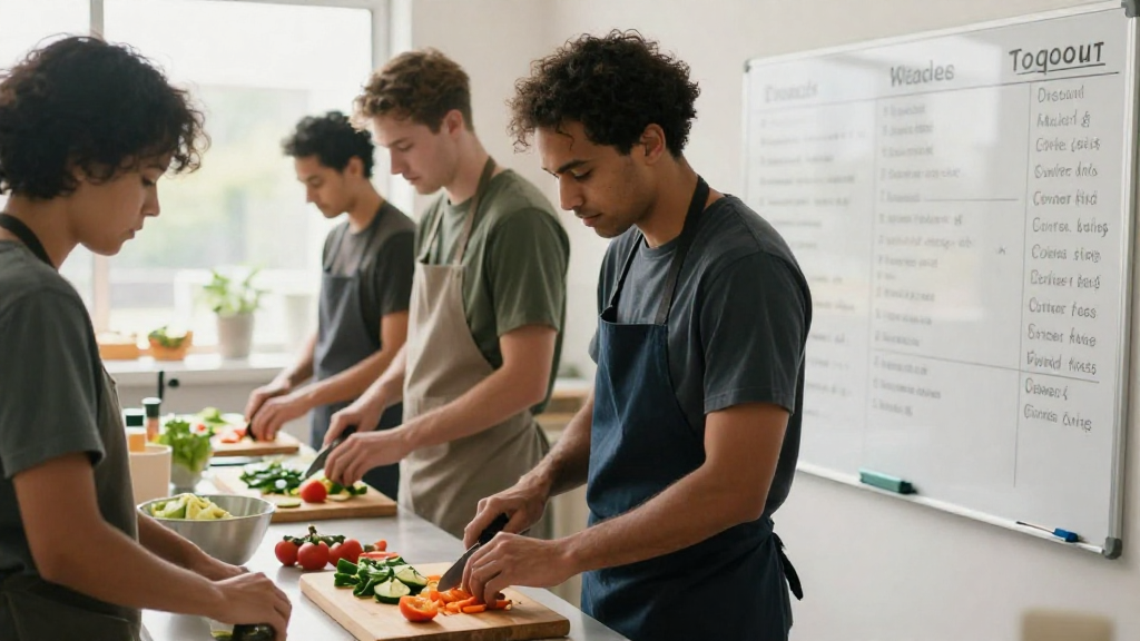 Community kitchen with volunteers chopping vegetables and a whiteboard of rotating task lists