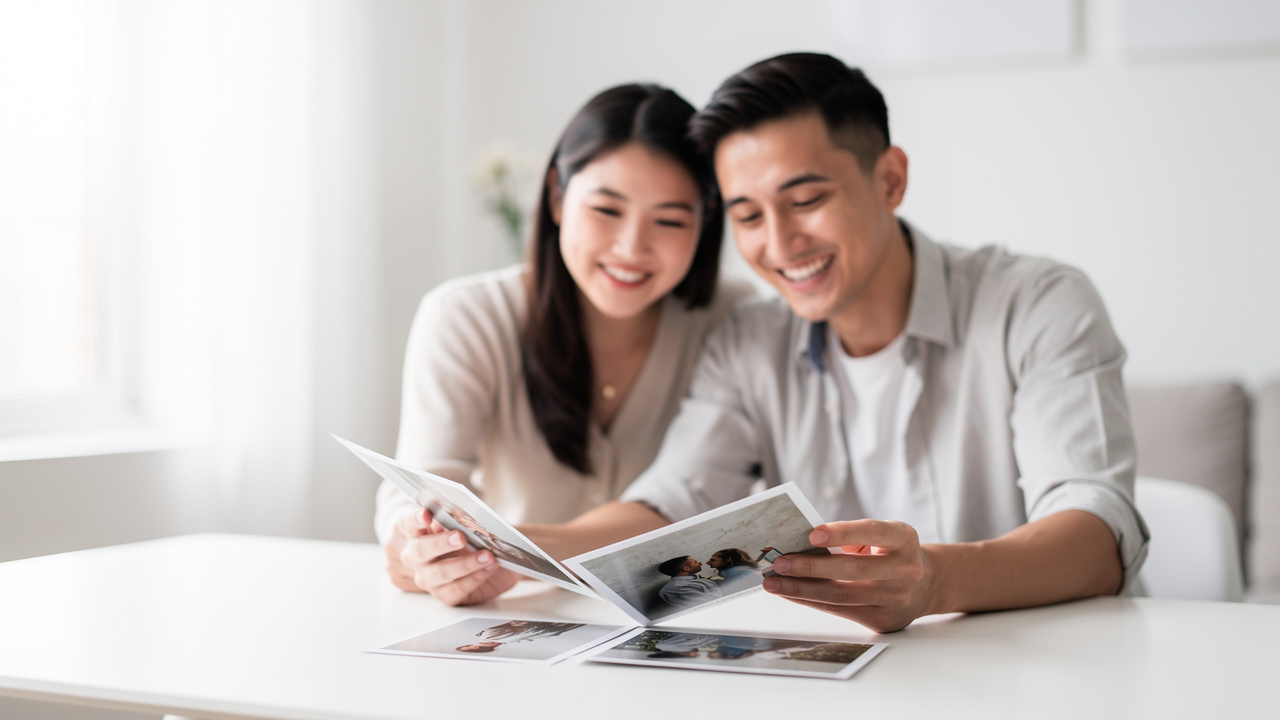 Satisfied couple reviewing their photo prints together